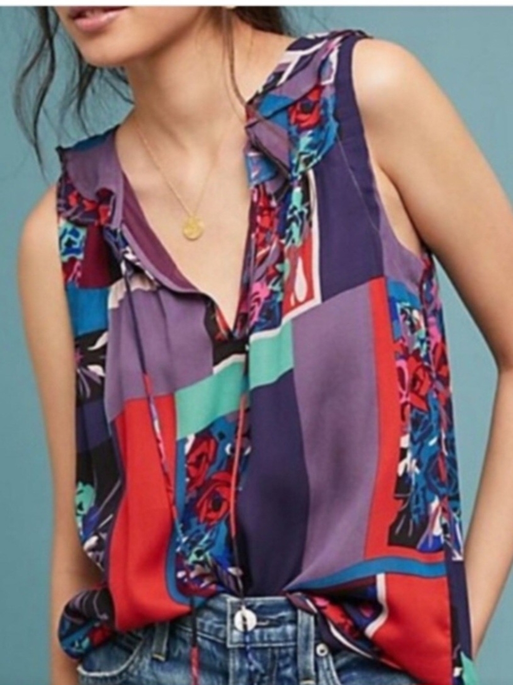 Anthropologie Purple Multicolor Patchwork Ruffle-Trim Sleeveless Camisole